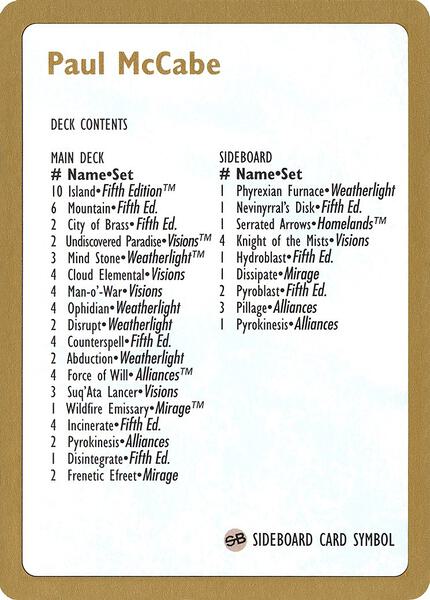 マジック：ザ・ギャザリング World Championship Decks 1997 PaulMcCabe 1997 Paul McCabe Decklist Card - World Championship Decks