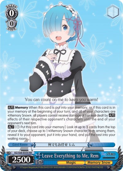 Leave Everything to Me, Rem Re:ZERO Memory Snow Double Rare Weiss Schwarz card — value and price