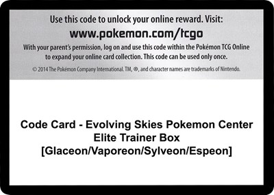 Code Card - Evolving Skies Pokemon Center Elite Trainer Box [Glaceon/Vaporeon/Sylveon/Espeon]