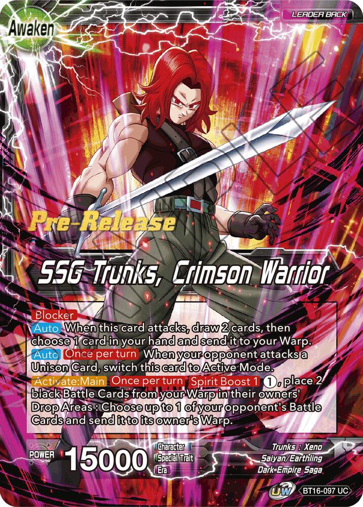 Trunks // SSG Trunks, Crimson Warrior #BT16-097 — Realm of the Gods Pre-Release Cards