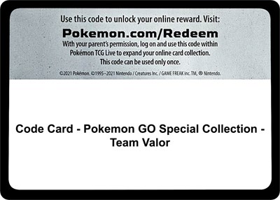 Code Card - Pokemon GO Special Collection - Team Valor