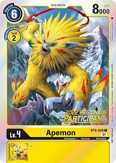 Apemon (2022 Championship Online Regional) [Online Participant] – Double Diamond #BT6-038 C Digimon Card Game card