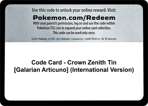 Code Card - Crown Zenith Tin [Galarian Articuno] (International Version)