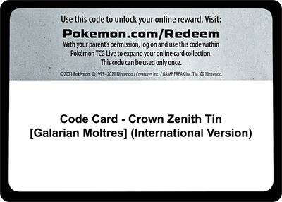 Code Card - Crown Zenith Tin [Galarian Moltres] (International Version)