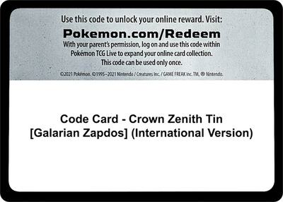 Code Card - Crown Zenith Tin [Galarian Zapdos] (International Version)