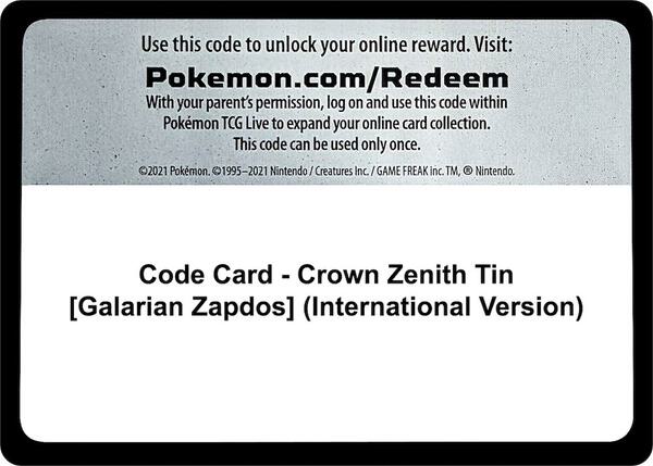Code Card - Crown Zenith Tin [Galarian Zapdos] (International Version)