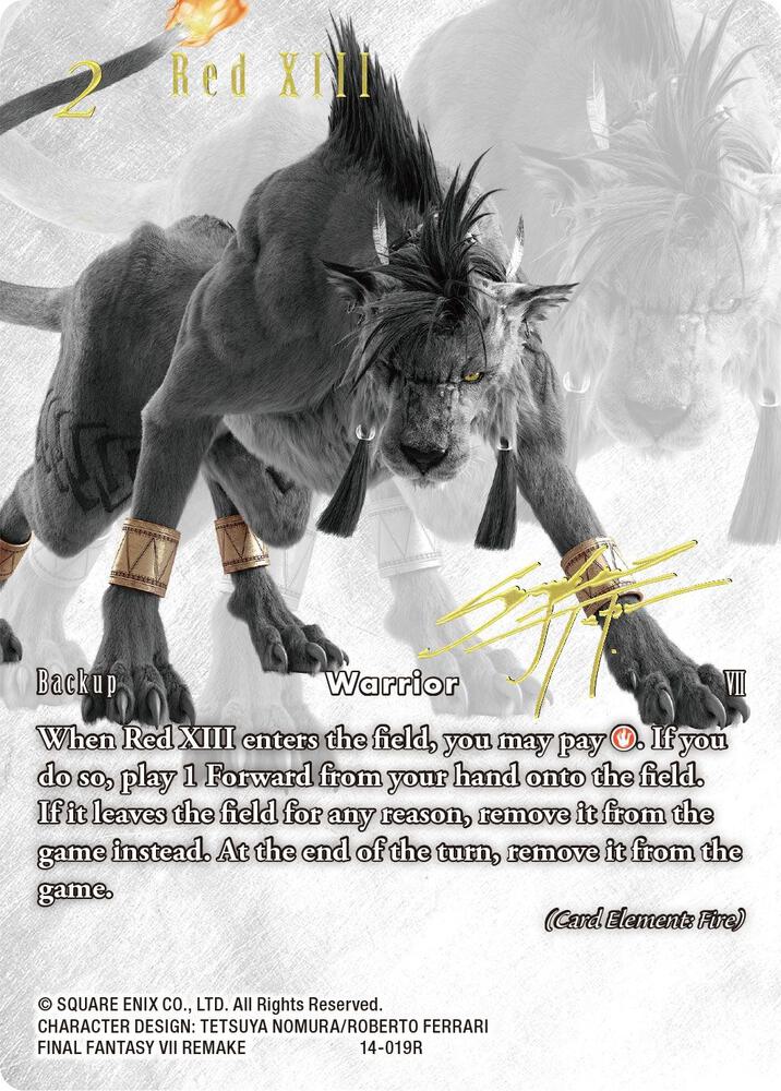 mtg final fantasy red xiii XIII, Proud Warrior [FINAL Commander] return target Aura or Equipment card from your graveyard to your hand. Red XIII Prerelease Card 