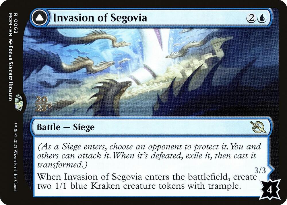 Invasion of Segovia // Caetus, Sea Tyrant of Segovia #63s — March of the Machine Promos