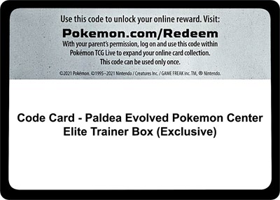Code Card - Paldea Evolved Pokemon Center Elite Trainer Box (Exclusive)
