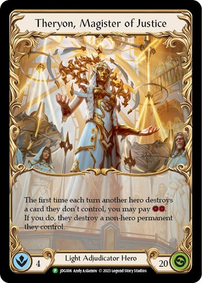 Theryon, Magister of Justice - JDG006 Flesh and Blood: Promo Cards Promo Flesh and Blood card — value and price