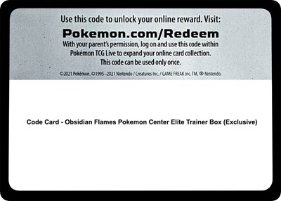Code Card - Obsidian Flames Pokemon Center Elite Trainer Box (Exclusive)