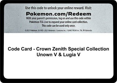 Code Card - Crown Zenith Special Collection [Unown V & Lugia V]