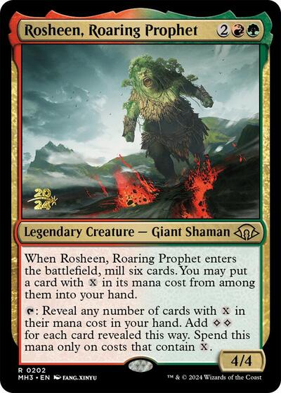 Rosheen, Roaring Prophet (Prerelease) from PMH3 #202s, Magic: The Gathering card