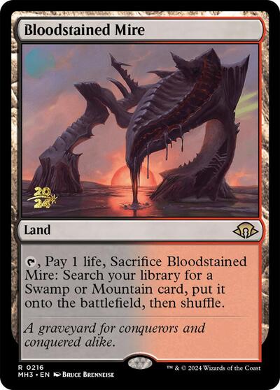 Bloodstained Mire (Prerelease) from PMH3 #216s, Magic: The Gathering card