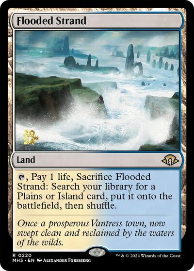 Flooded Strand (Prerelease) from PMH3 #220s, Magic: The Gathering card