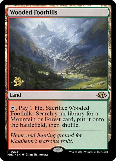 Wooded Foothills (Prerelease) from PMH3 #236s, Magic: The Gathering card