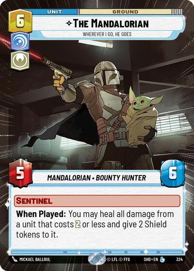 The Mandalorian - Wherever I Go, He Goes (Hyperspace) — Foil Shadows of the Galaxy Legendary Star Wars Unlimited card — value and price