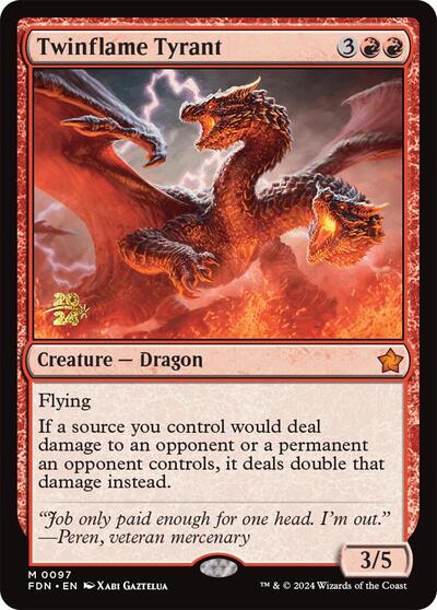 Twinflame Tyrant (Prerelease) from PFDN #97s, Magic: The Gathering card