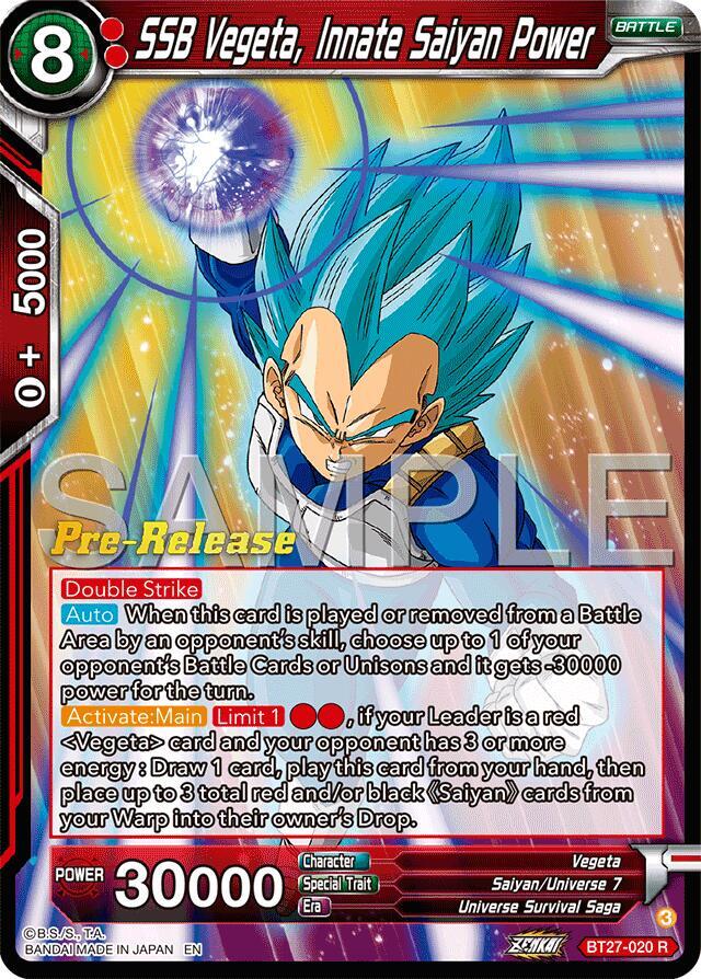 SSB Vegeta, Innate Saiyan Power #BT27-020 — History of Z Pre-Release Cards