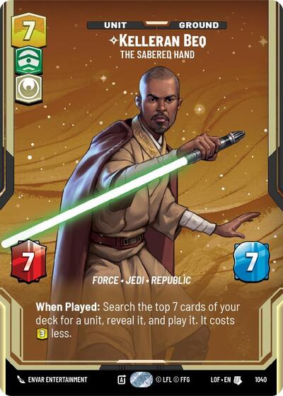Kelleran Beq - The Sabered Hand (Prestige) Legends of the Force Uncommon Star Wars Unlimited card — value and price