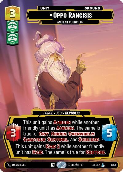 Oppo Rancisis - Ancient Councilor (Prestige) Legends of the Force Legendary Star Wars Unlimited card — value and price