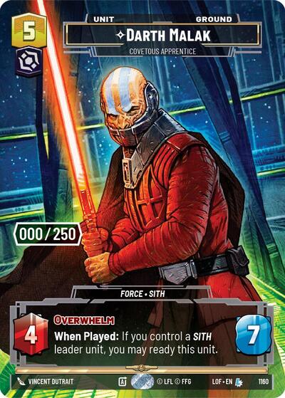 Darth Malak - Covetous Apprentice (Serialized) Legends of the Force Legendary Star Wars Unlimited card — value and price
