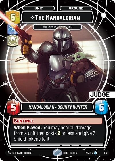 The Mandalorian - Wherever I Go, He Goes Judge Promos Legendary Star Wars Unlimited card — value and price