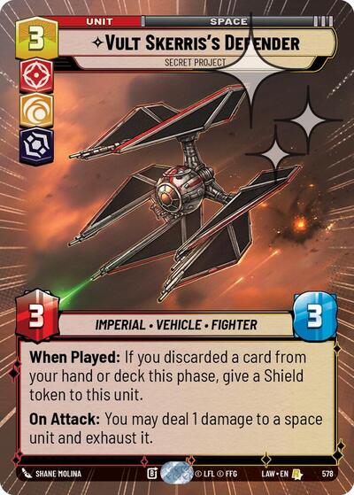 Vult Skerris's Defender - Secret Project (Hyperspace Foil) A Lawless Time Rare Star Wars Unlimited card — value and price