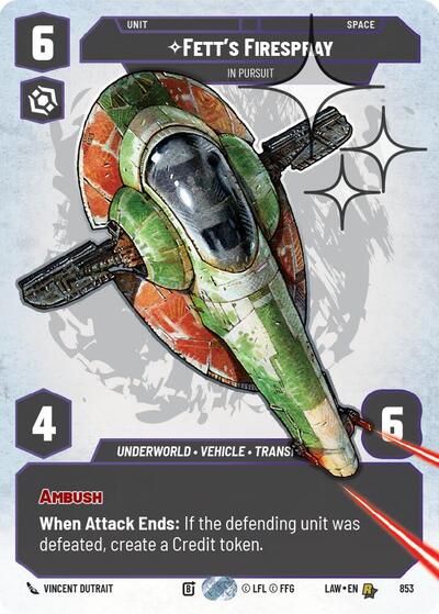 Fett's Firespray - In Pursuit (Prestige Foil) A Lawless Time Rare Star Wars Unlimited card — value and price