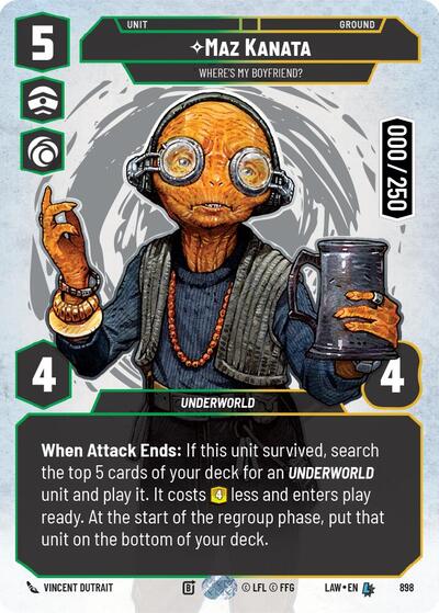 Maz Kanata - Where's My Boyfriend? (Serialized) A Lawless Time Legendary Star Wars Unlimited card — value and price