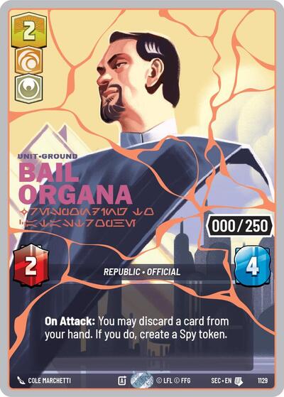 Bail Organa - Responding to Catastrophe (Serialized) (Rose Gold) – Secrets of Power #1129 Star Wars: Unlimited card