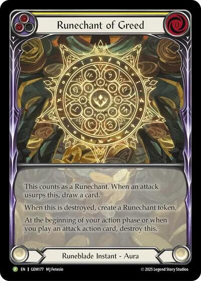 Runechant of Greed (Yellow) Gem Pack 5 Promo Flesh and Blood card — value and price