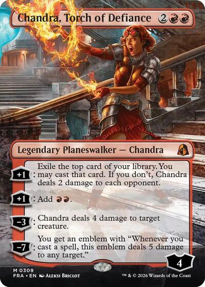 Chandra, Torch of Defiance (Borderless) from FRA #309, Magic: The Gathering card