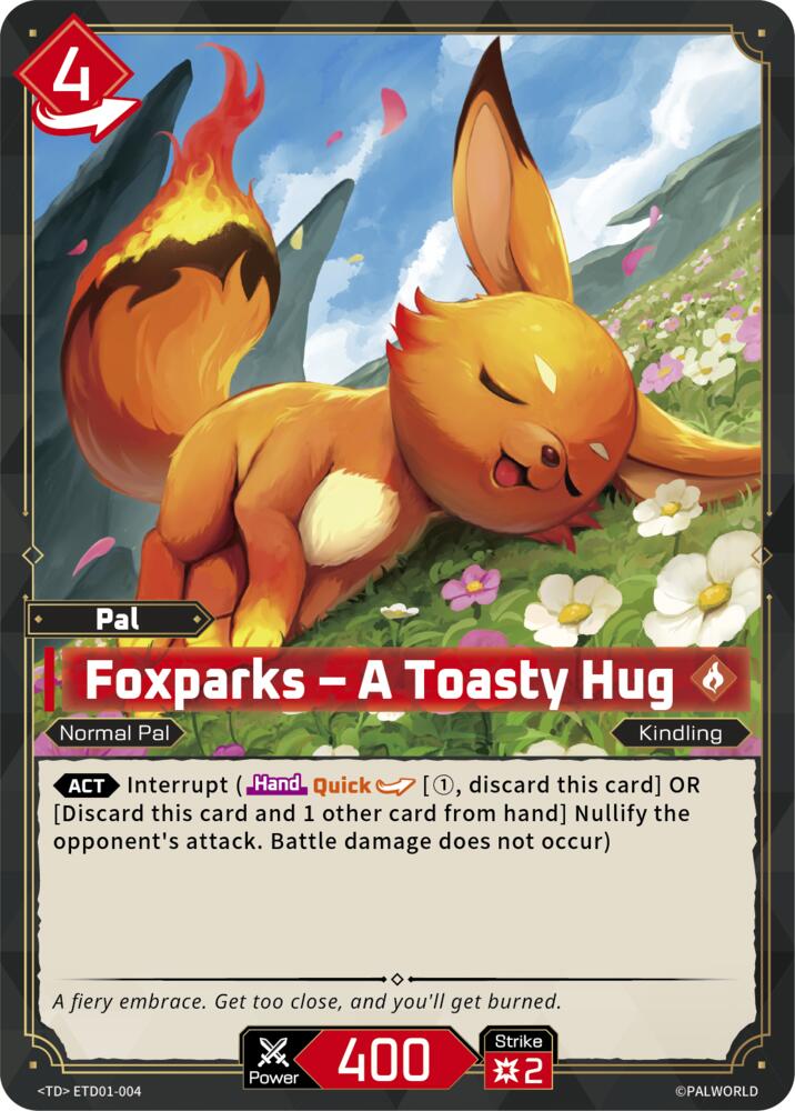Foxparks - A Toasty Hug (TD01: Dawn of Palpagos Red•Blue) — Palworld card