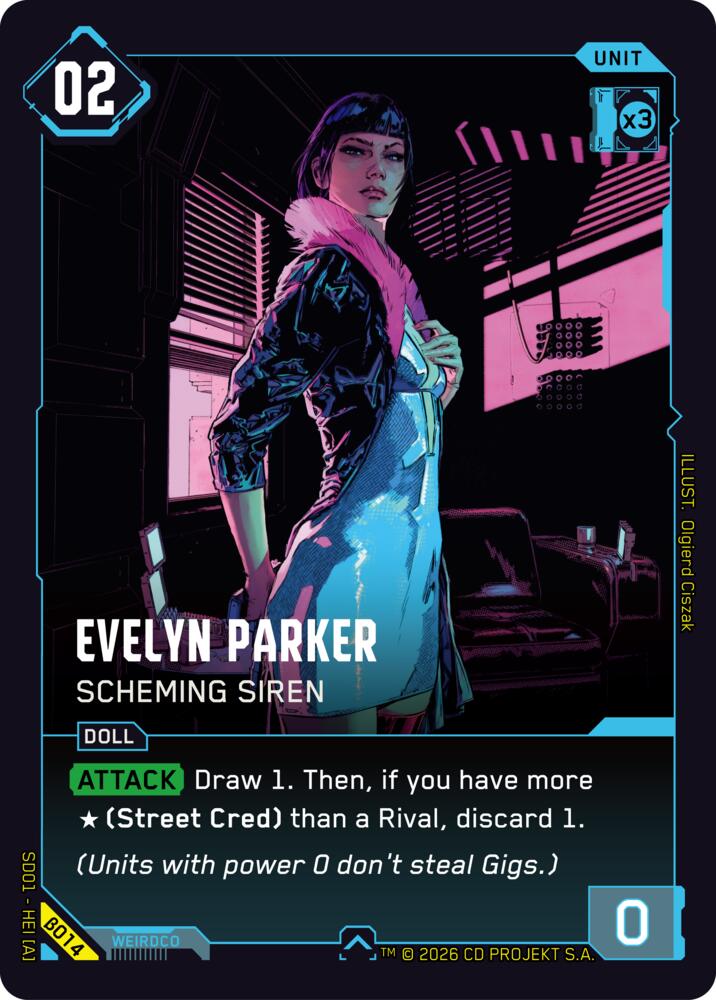 Evelyn Parker - Scheming Siren (The Heist - Beta Starter Deck) — Cyberpunk TCG card