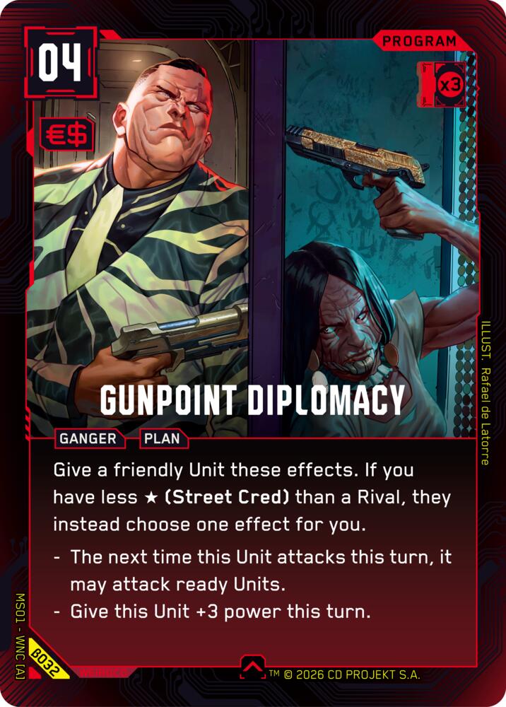 Gunpoint Diplomacy (Welcome to Night City - Beta) — Cyberpunk TCG card