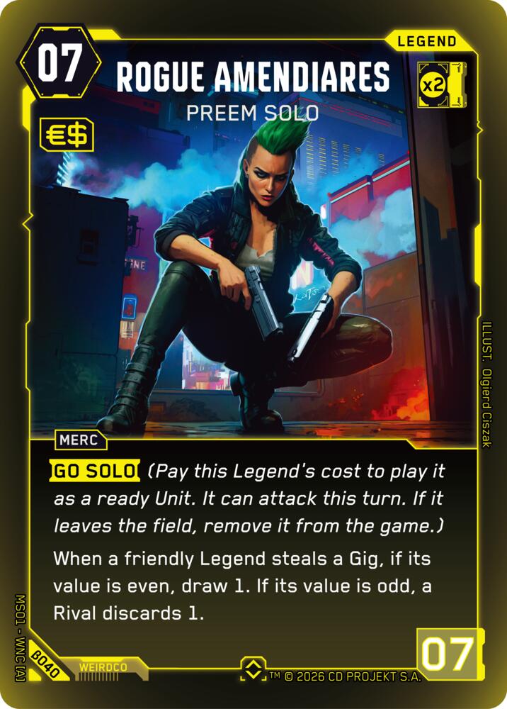Rogue Amendiares - Preem Solo (Welcome to Night City - Beta) — Cyberpunk TCG card