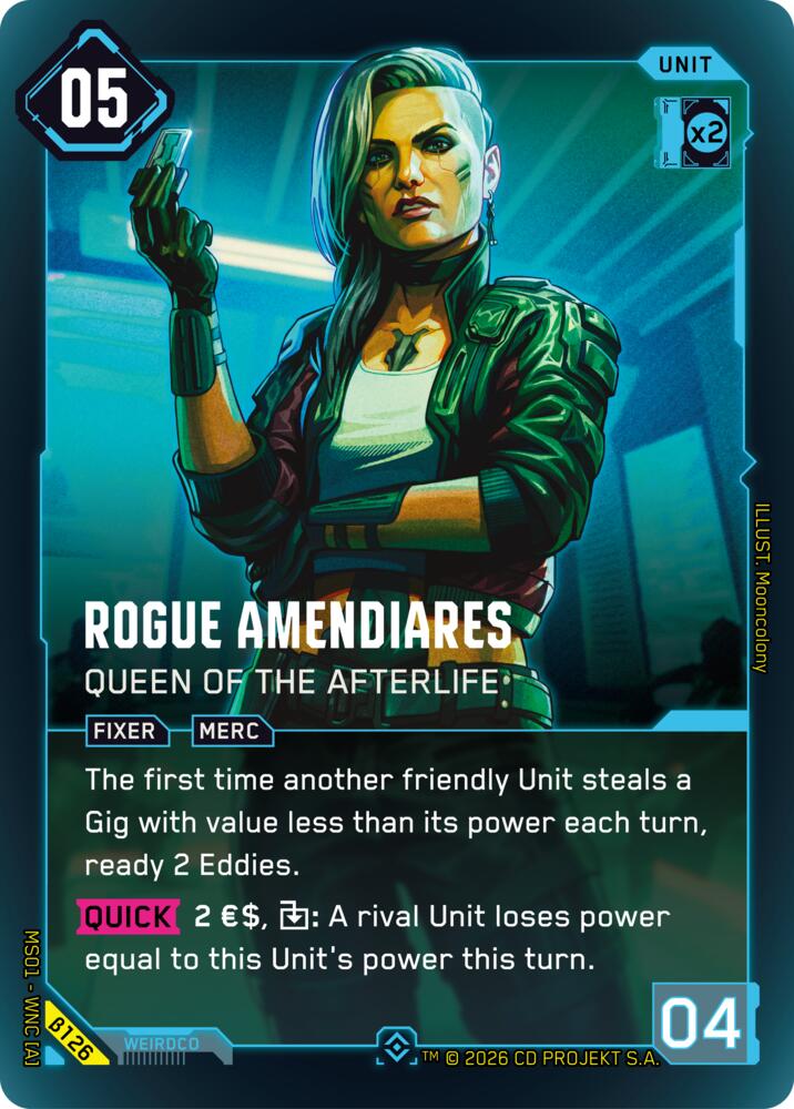 Rogue Amendiares - Queen of the Afterlife (Welcome to Night City - Beta) — Cyberpunk TCG card