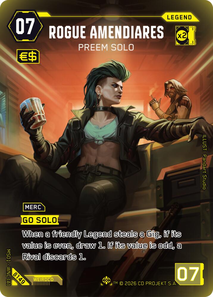 Rogue Amendiares - Preem Solo (Welcome to Night City - Beta) — Cyberpunk TCG card