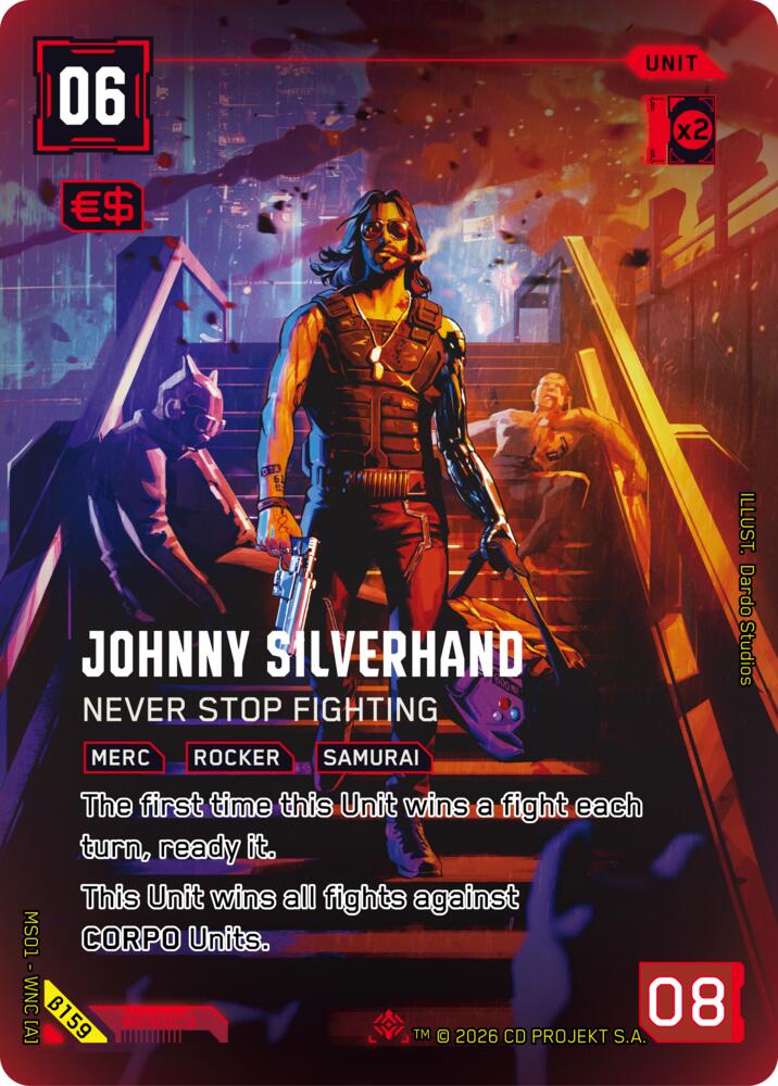 Johnny Silverhand - Never Stop Fighting (Welcome to Night City - Beta) — Cyberpunk TCG card