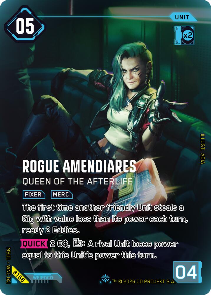 Rogue Amendiares - Queen of the Afterlife (Welcome to Night City - Beta) — Cyberpunk TCG card