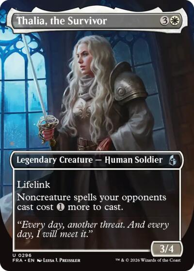 Thalia, the Survivor (Borderless) from FRA #296, Magic: The Gathering card