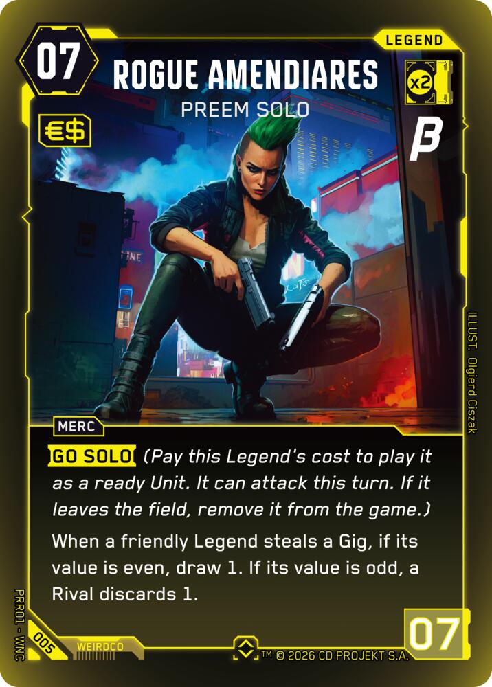 Rogue Amendiares - Preem Solo (Pre-Release Beta) — Cyberpunk TCG card