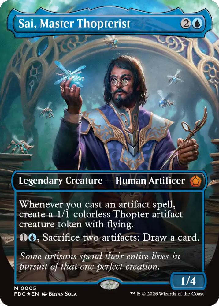 Sai, Master Thopterist (Borderless) from Commander: Foundations (FDC) #5, Foil, Magic: The Gathering card