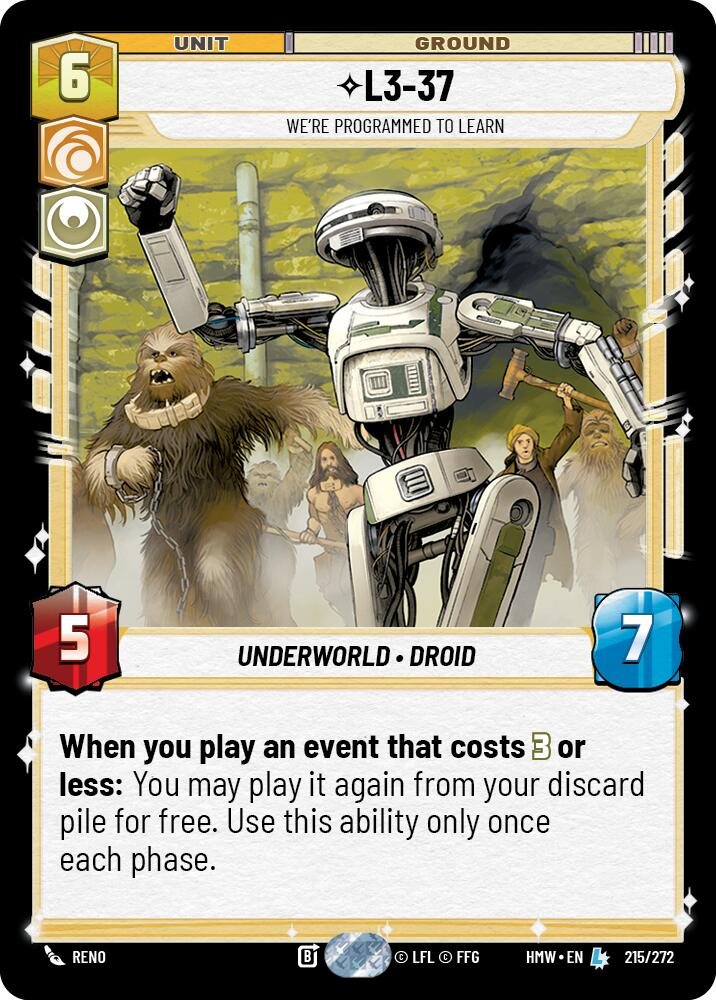 L3-37 - We're Programmed to Learn – Homeworlds #215/272 Star Wars: Unlimited card