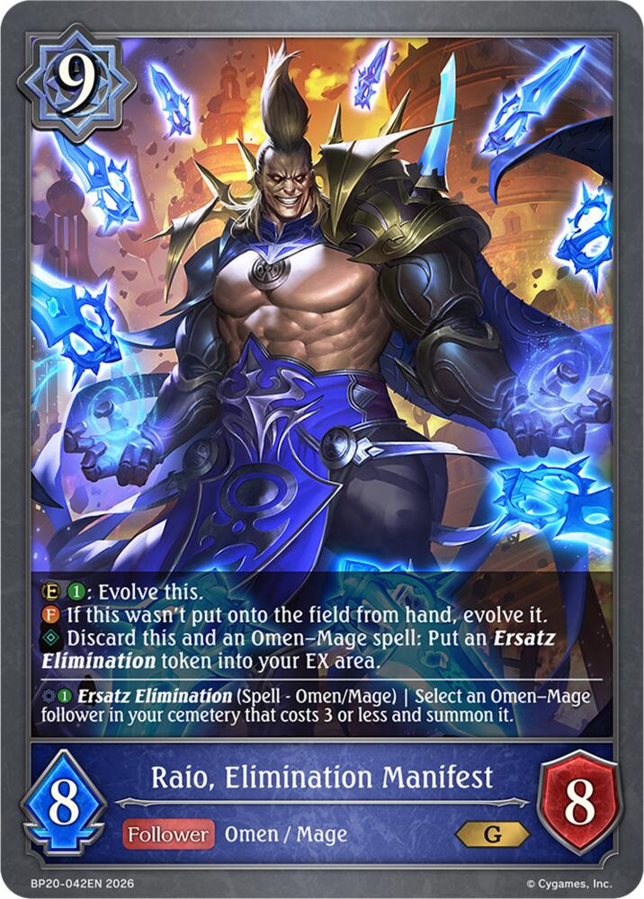 Raio, Elimination Manifest (BP20: Omens and Heirs) — Shadowverse: Evolve card